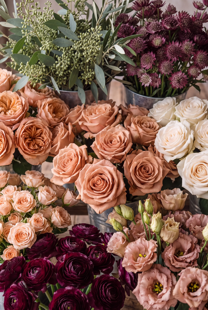 Florist's market display of terracotta and cream roses, deep burgundy ranunculus, blush lisianthus, and seeded eucalyptus in metal buckets.