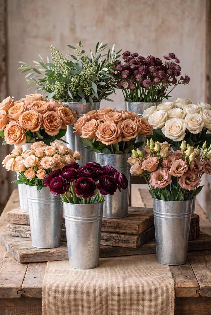 Galvanized florist buckets on a rustic wood table holding terracotta roses, burgundy ranunculus, blush lisianthus, and eucalyptus.